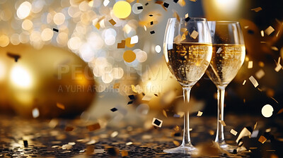 New Year celebration Festive background with falling confetti. Celebrate with alcohol and bokeh.
