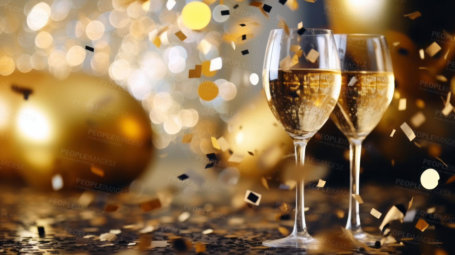 Buy stock photo New Year celebration Festive 
background with falling confetti. Celebrate with alcohol and bokeh.