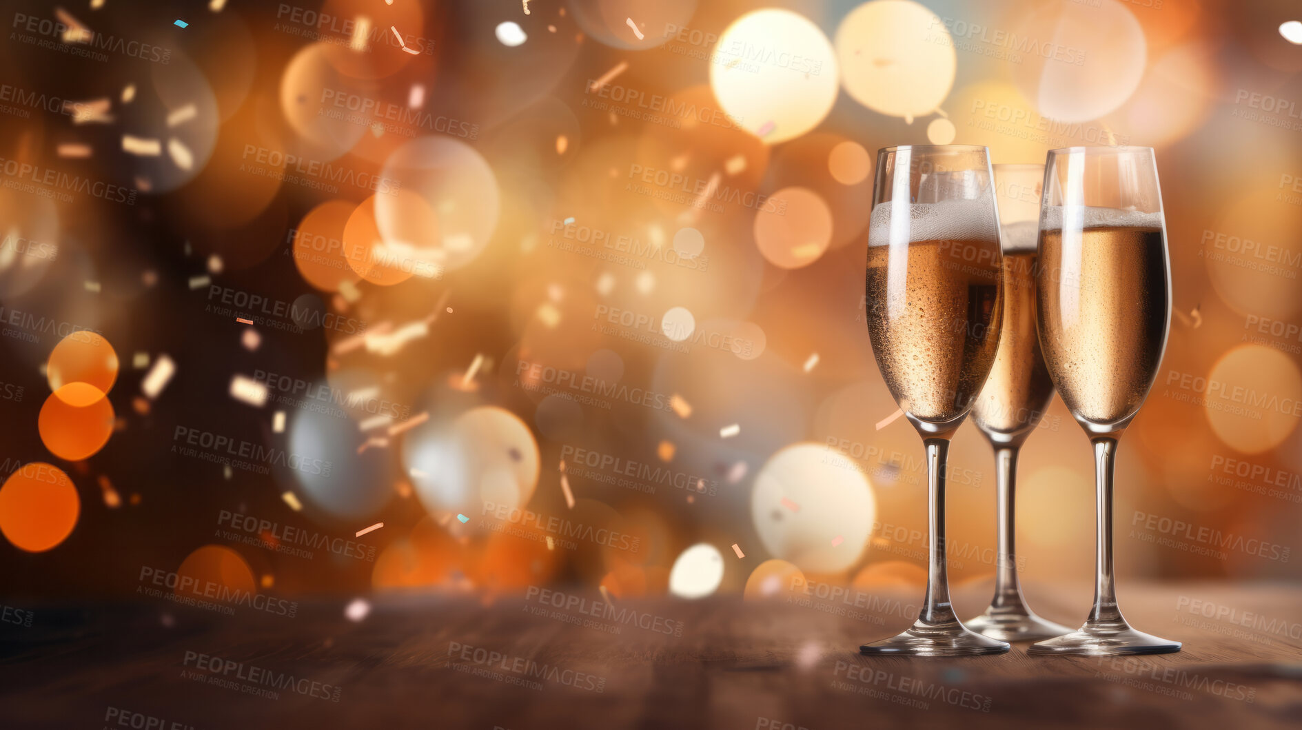 Buy stock photo New Year celebration Festive 
background with falling confetti. Celebrate with alcohol and bokeh.