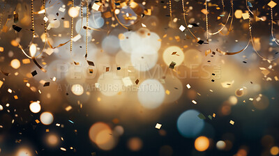 New Year celebration Festive background with falling confetti and bokeh lights.
