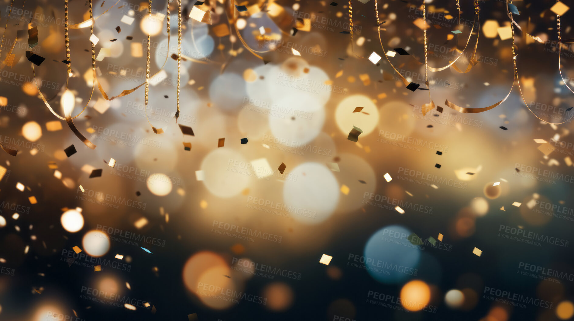 Buy stock photo New Year celebration Festive background with falling confetti and bokeh lights.