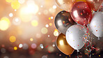 New Year celebration Festive background with falling confetti, balloons and bokeh lights.