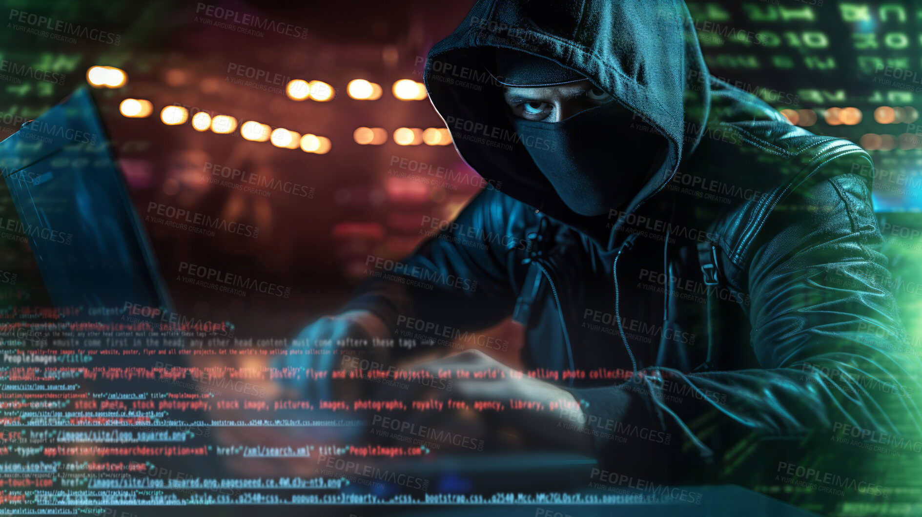 Buy stock photo Anonymous hacker stealing data.Online security, data protection, cyber crime, concept.
