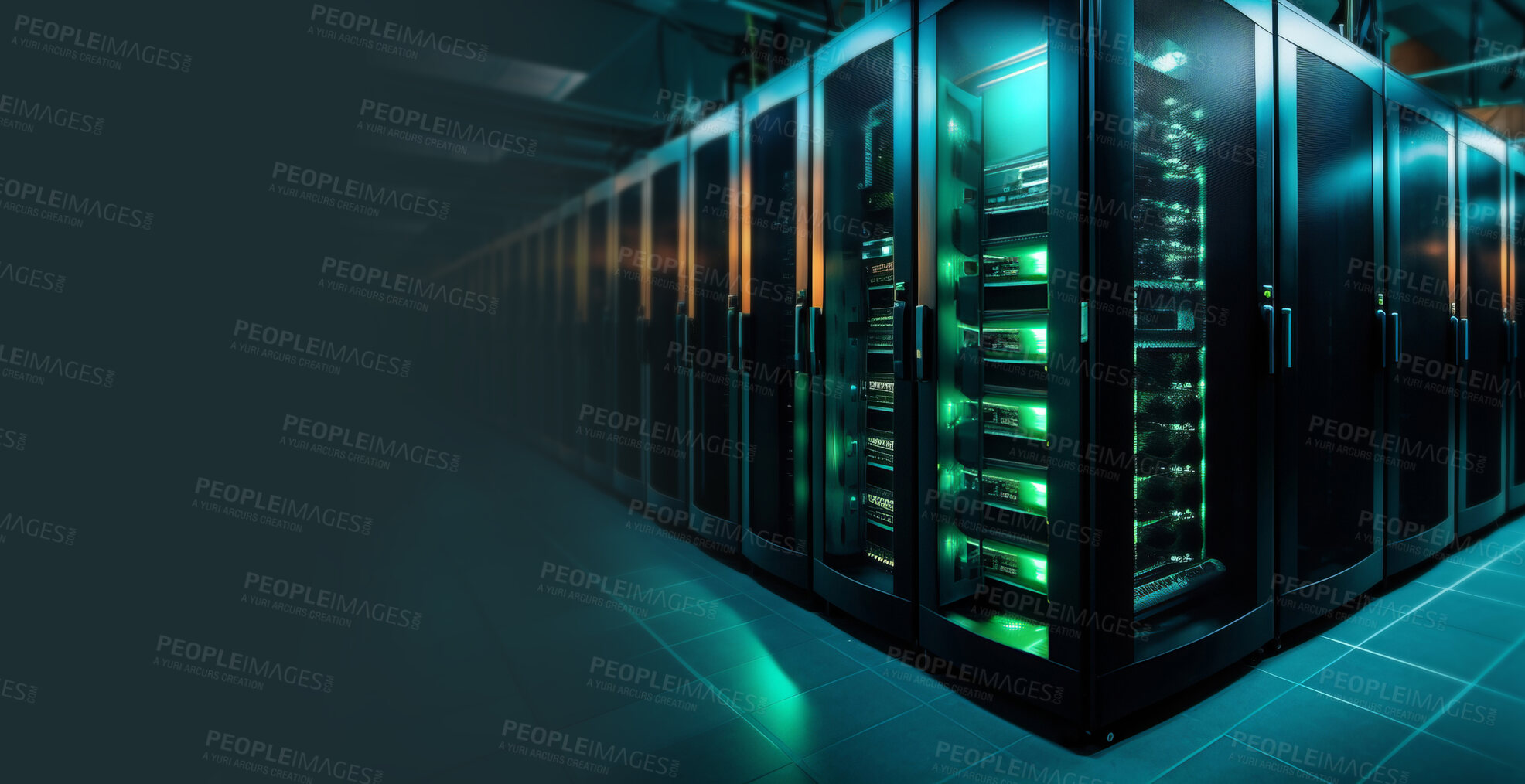 Buy stock photo Data centre server room concept.Big data, networking, storage and safety.