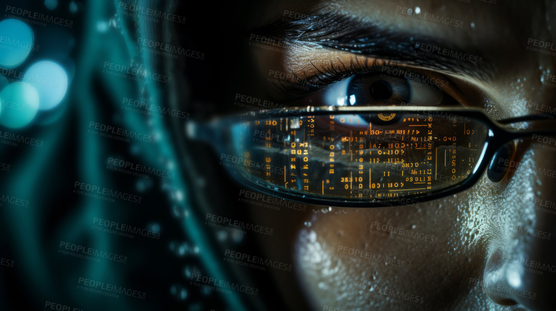 Buy stock photo Close up of eye with digital code.Hacker, cyber security, programming.