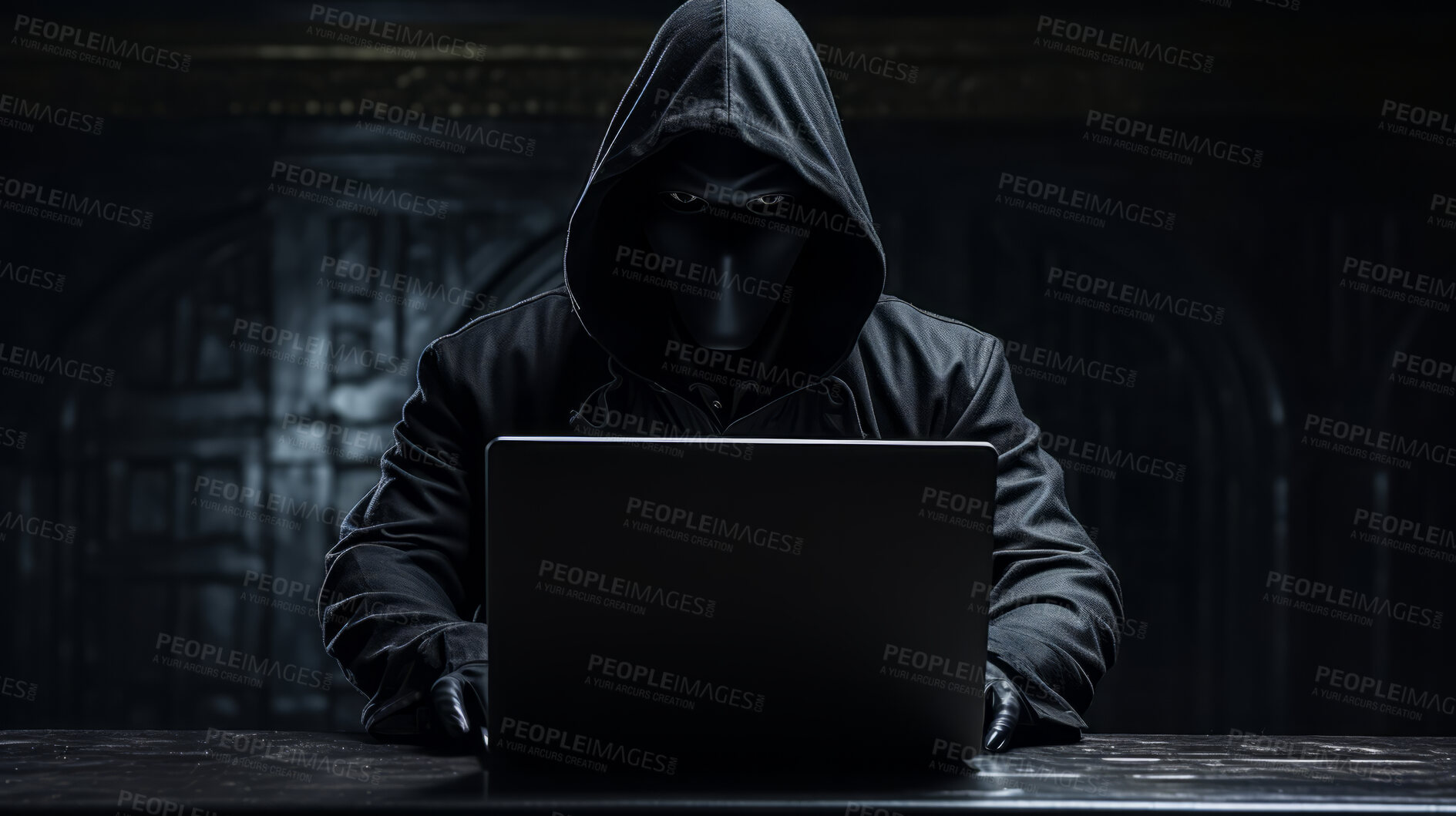 Buy stock photo Anonymous hacker stealing data in server room.Online security, data protection, cyber crime concept.