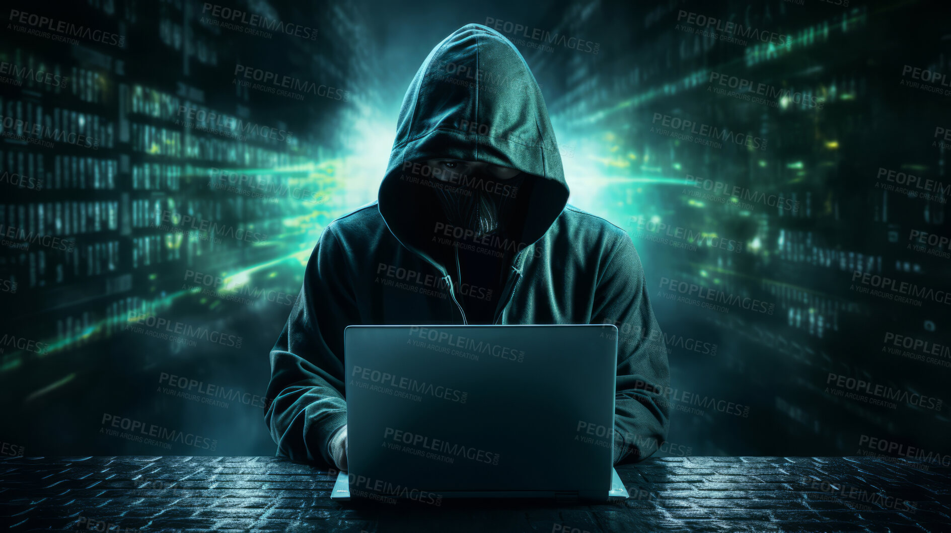 Buy stock photo Anonymous hacker stealing data in server room.Online security, data protection, cyber crime concept.