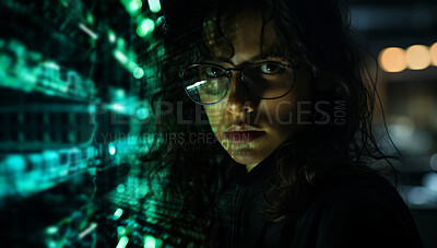 Buy stock photo Close up of hackers face with digital code reflecting on hackers face and glasses.