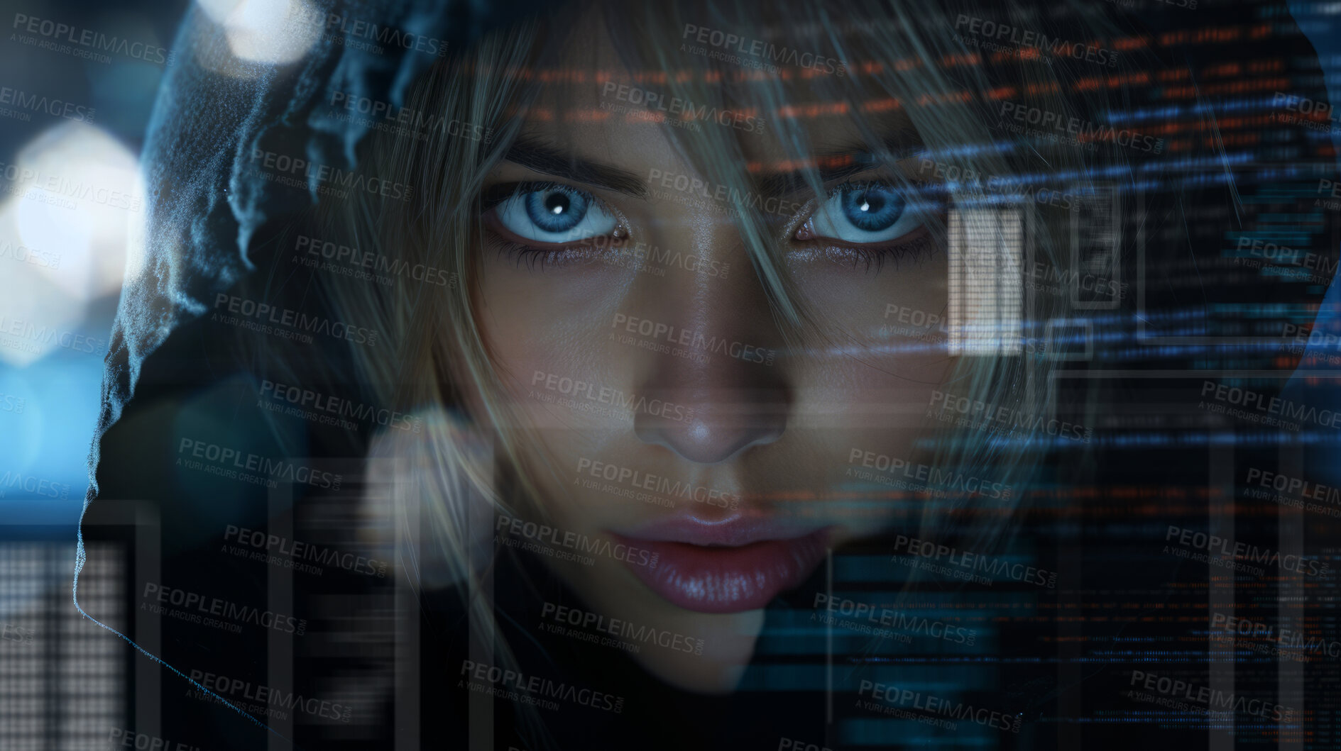 Buy stock photo Close up of hackers face with digital code over parts of eye.Programming, crime, cyber security concept.