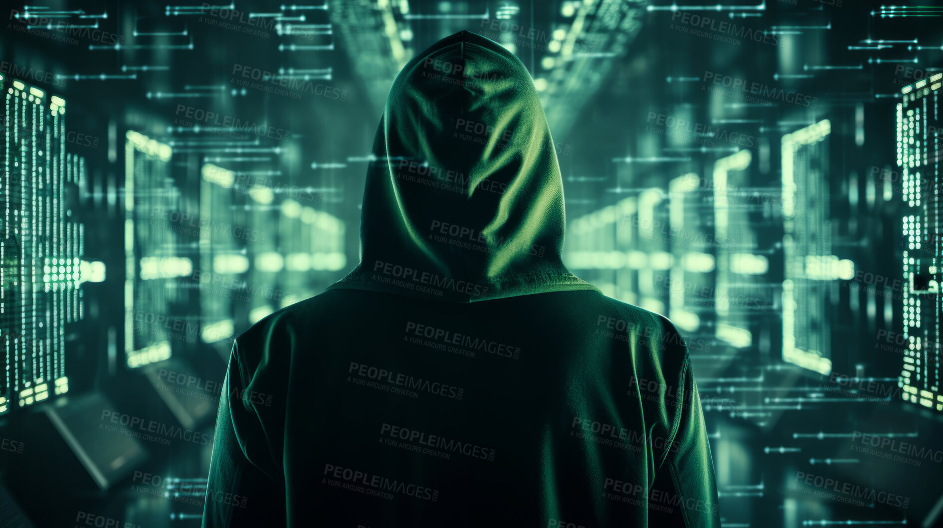 Buy stock photo Hacker in server room with back towards camera.Crime, cyber security, programming background.