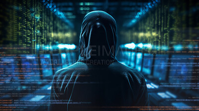 Hacker in server room with back towards camera.Crime, cyber security, programming background.