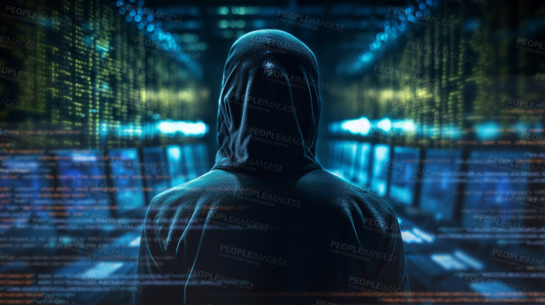 Buy stock photo Hacker in server room with back towards camera.Crime, cyber security, programming background.