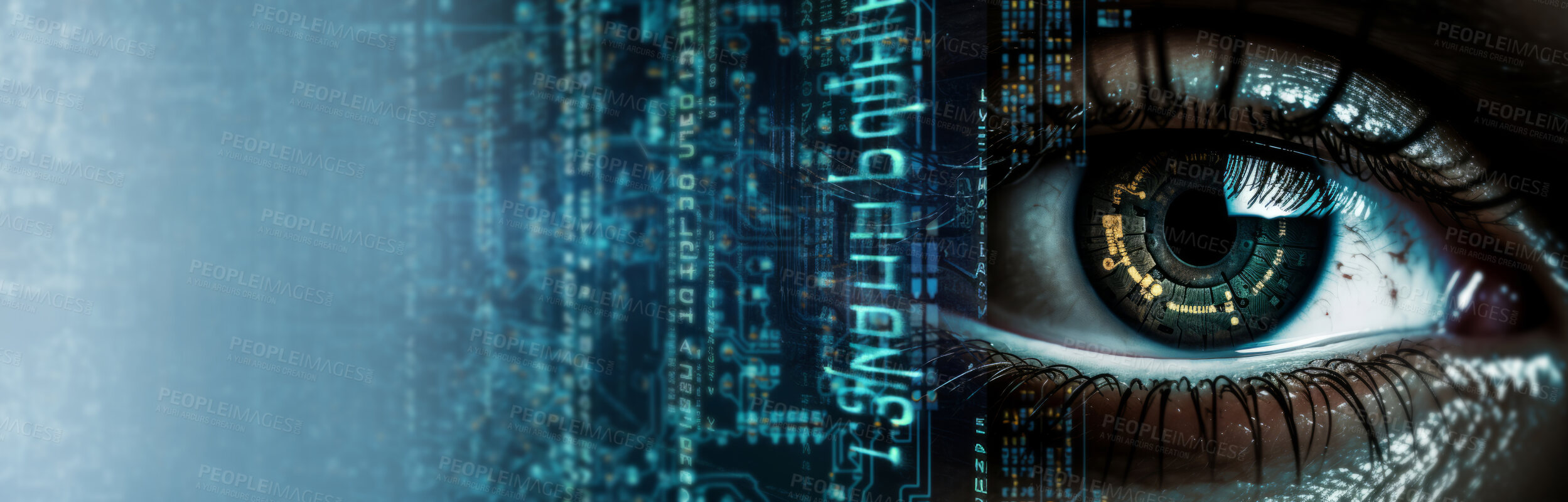 Buy stock photo Close up of eye with digital code.Hacker, cyber security, programming background.