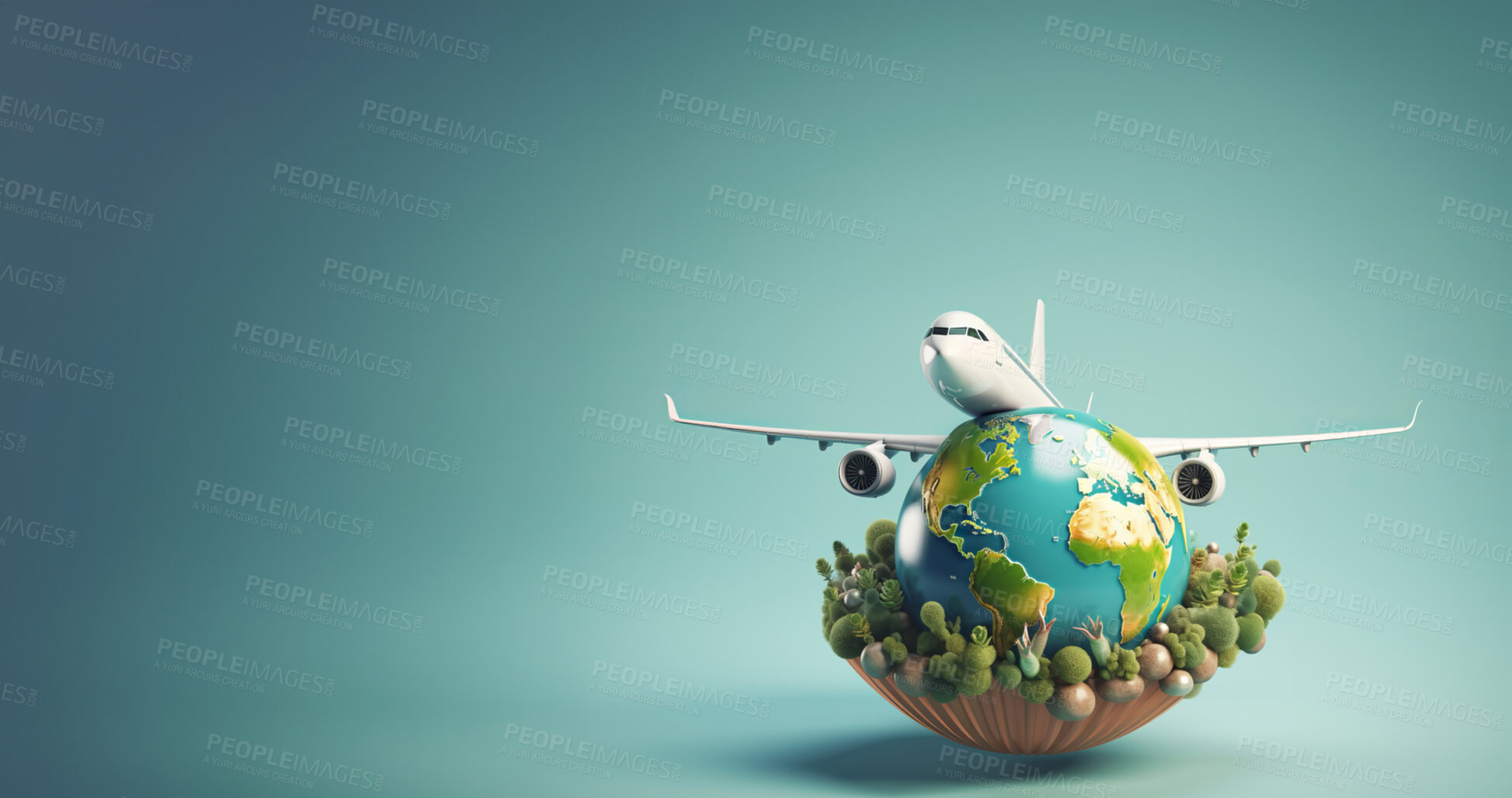 Buy stock photo Airplane on earth globe on copyspace background. Sustainable fast travel concept