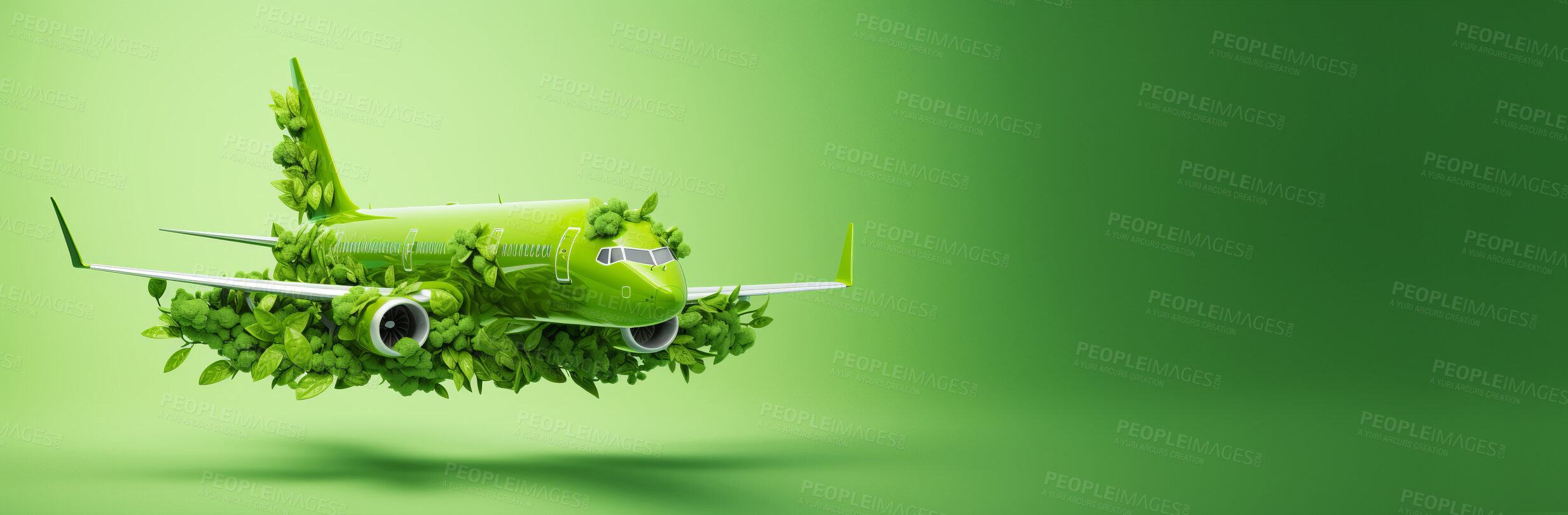 Buy stock photo Airplane in leaves on green copyspace background. Sustainable travel, zero emissions travel concept