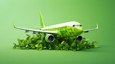 Airplane in leaves on green copyspace background. Sustainable travel, zero emissions travel concept