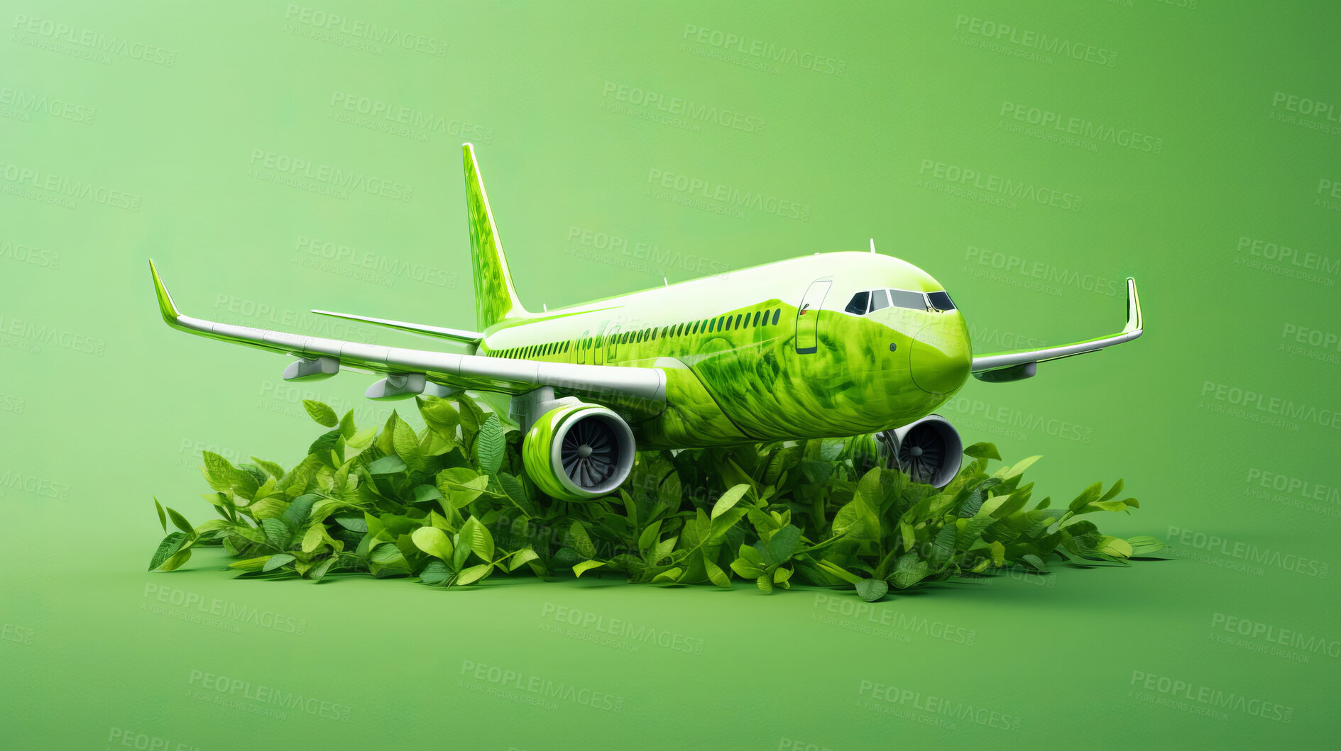 Buy stock photo Airplane in leaves on green copyspace background. Sustainable travel, zero emissions travel concept