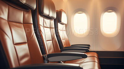 Empty window airplane seats in cabin. Retro aircraft brown leather interior, luxury travel concept