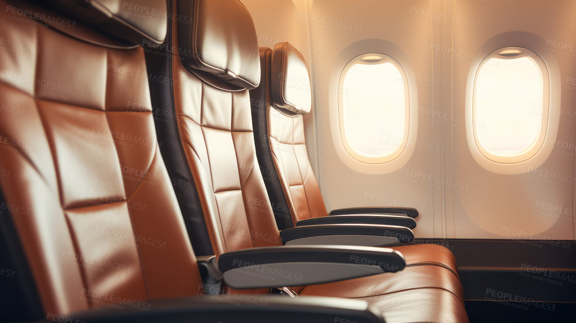 Buy stock photo Empty window airplane seats in cabin. Retro aircraft brown leather interior, luxury travel concept