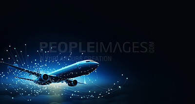 Airplane on dark copyspace background. Future technology, network and travel concept