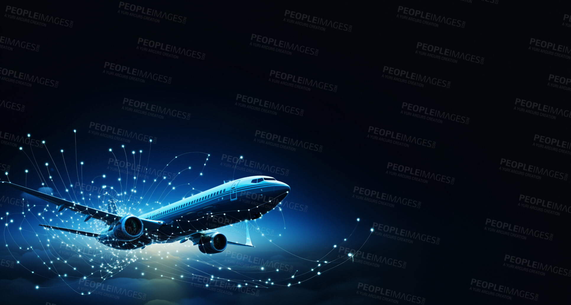 Buy stock photo Airplane on dark copyspace background. Future technology, network and travel concept