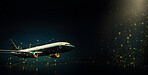 Airplane on dark copyspace background. Future technology, network and travel concept