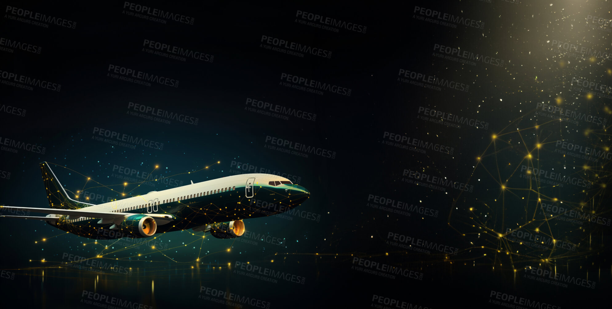 Buy stock photo Airplane on dark copyspace background. Future technology, network and travel concept