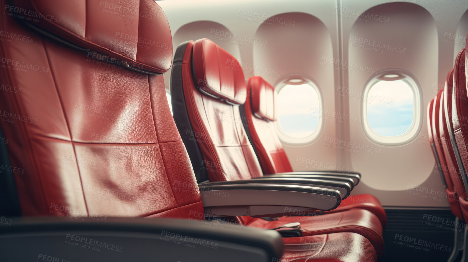 Buy stock photo Empty window airplane seats in cabin. Retro aircraft red leather interior, luxury travel concept