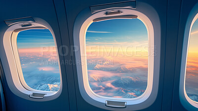 Airplane window with clouds and sunlight. International luxury travel concept