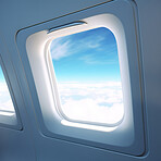 Airplane window with clouds and sunlight. International luxury travel concept