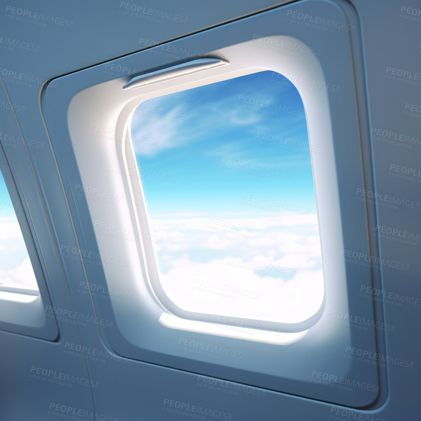 Buy stock photo Airplane window with clouds and sunlight. International luxury travel concept