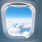 Airplane window with clouds and sunlight. International luxury travel concept