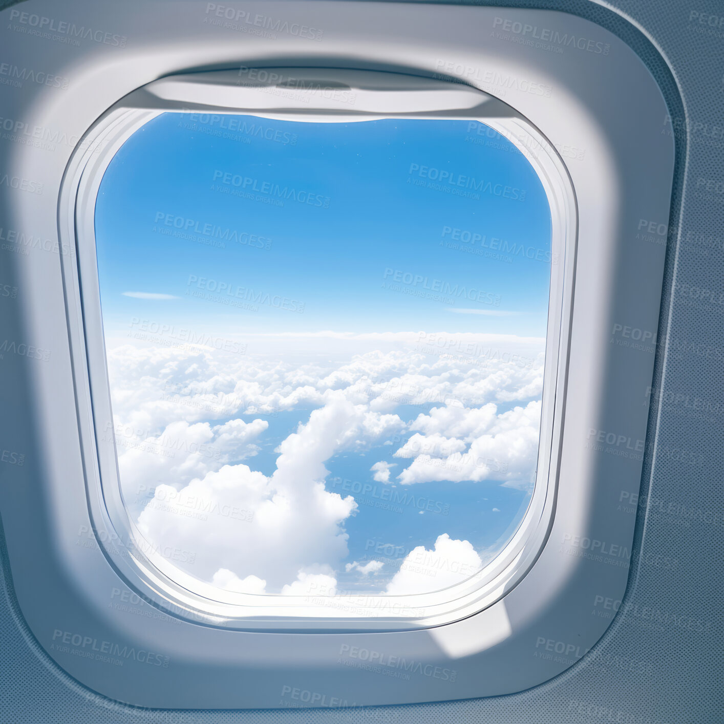 Buy stock photo Airplane window with clouds and sunlight. International luxury travel concept