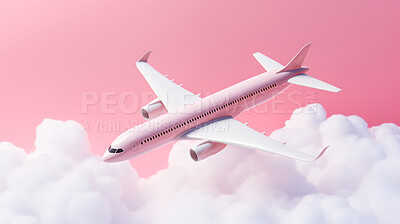 Airplane on pink copyspace background with clouds. Sustainable travel, zero emissions travel concept