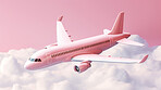 Airplane on pink copyspace background with clouds. Sustainable travel, zero emissions travel concept