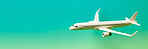 Airplane green and blue copyspace background. Sustainable travel, zero emissions and biofuel concept.