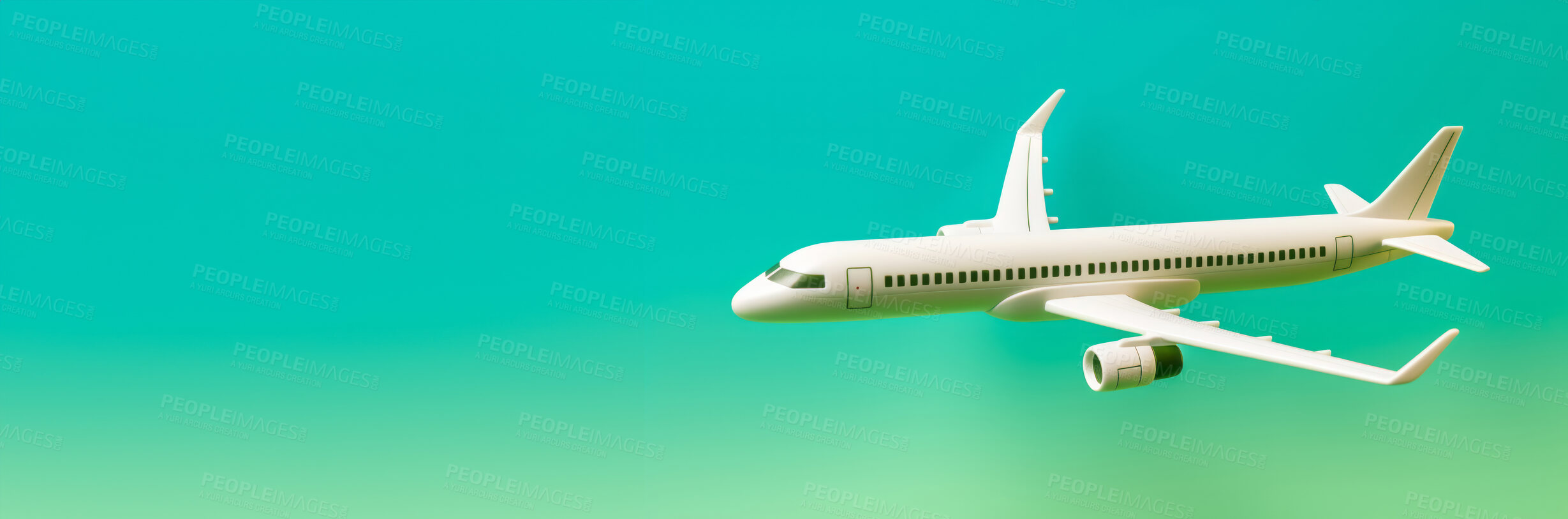 Buy stock photo Airplane green and blue copyspace background. Sustainable travel, zero emissions and biofuel concept.