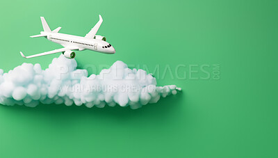 Airplane on green copyspace background with clouds. Sustainable travel, zero emissions travel concept