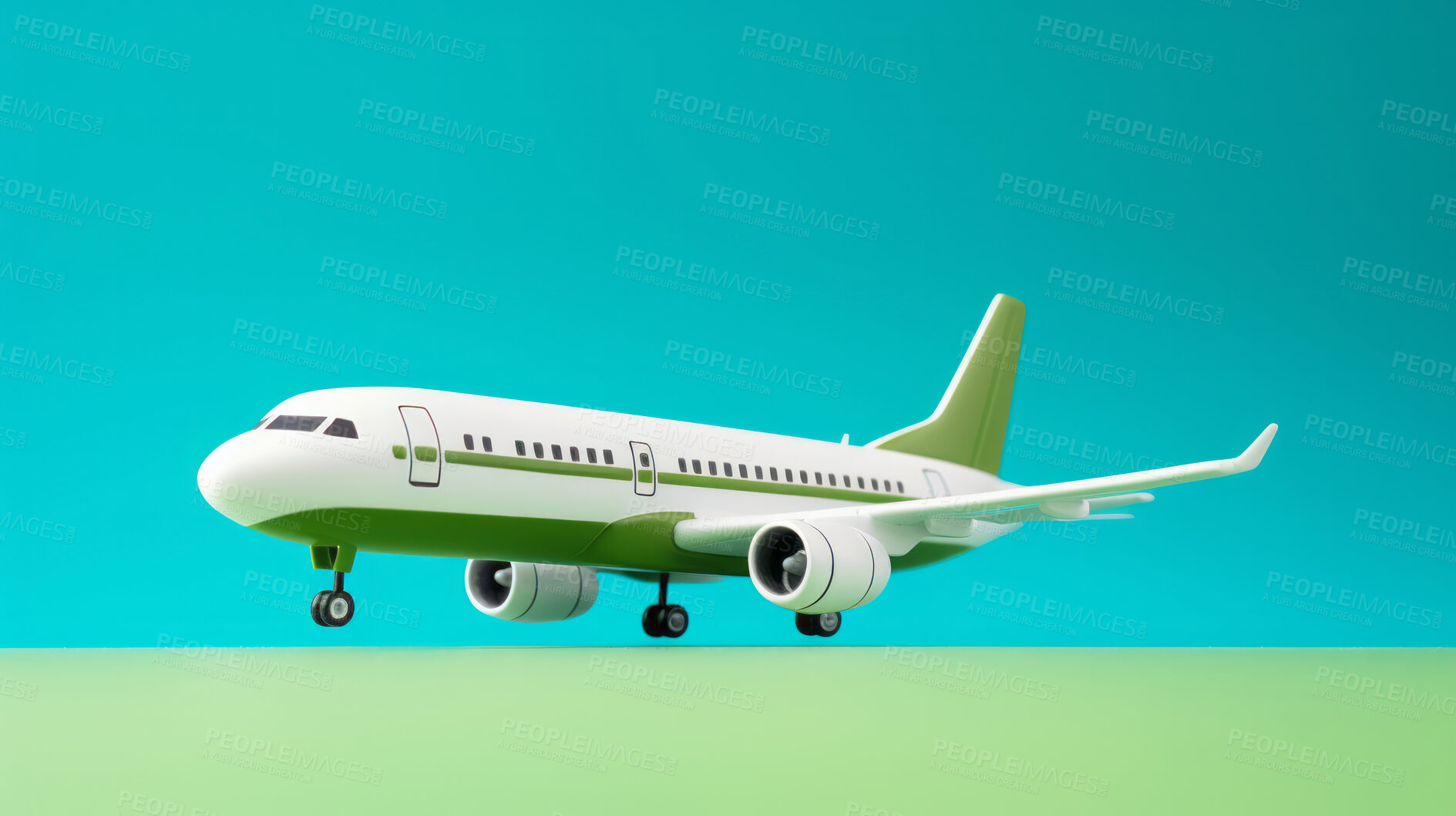 Buy stock photo Airplane green and blue copyspace background. Sustainable travel, zero emissions and biofuel concept.