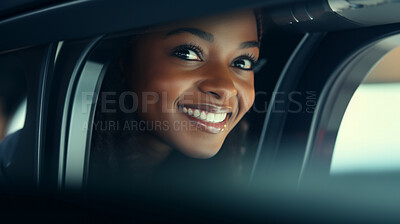 Buy stock photo Woman looking through window while traveling. Easy transportation concept