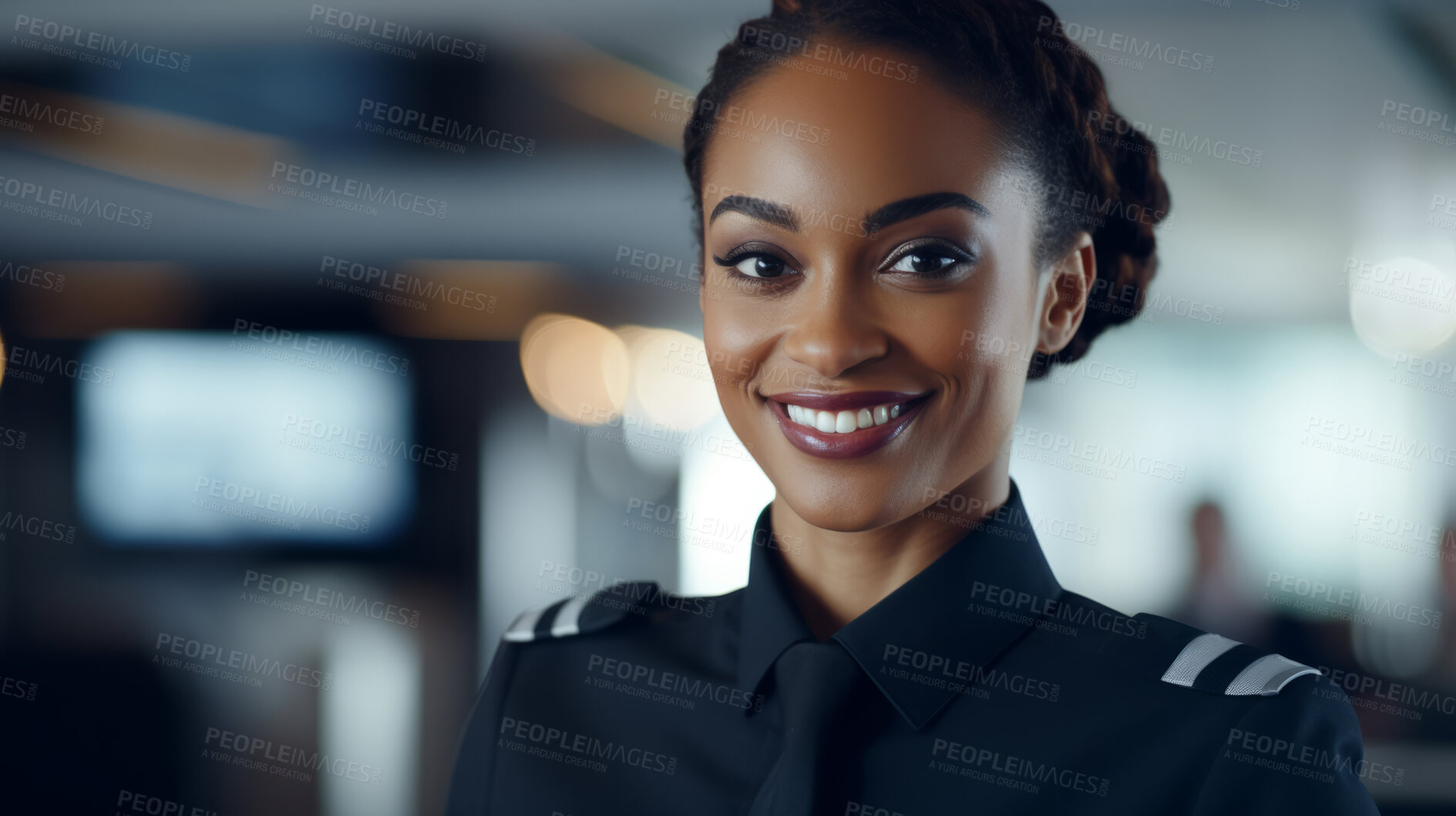 Buy stock photo Travel female cabin crew with welcoming smile. Captain, stewardess, flight attendant concept