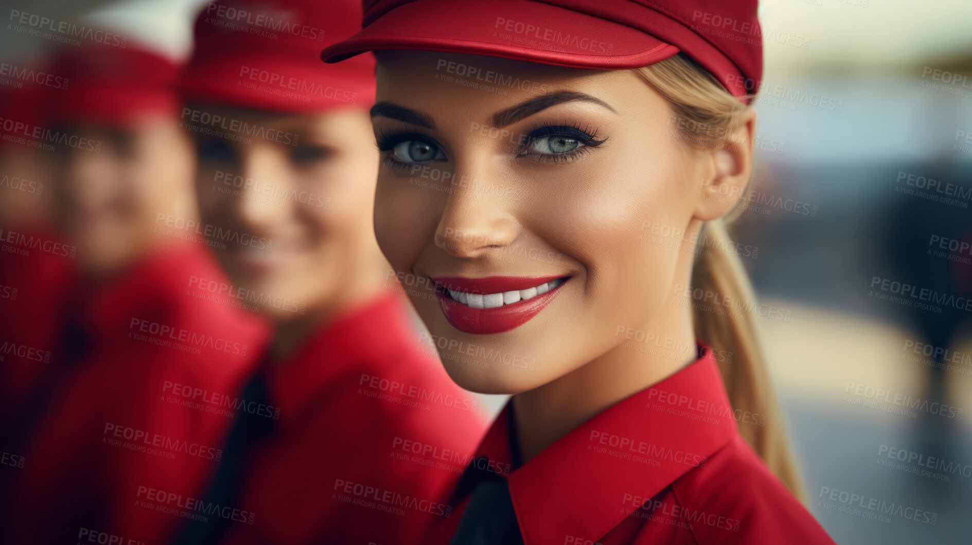 Buy stock photo Group of smiling stewardess cabin crew. Friendly service travel concept