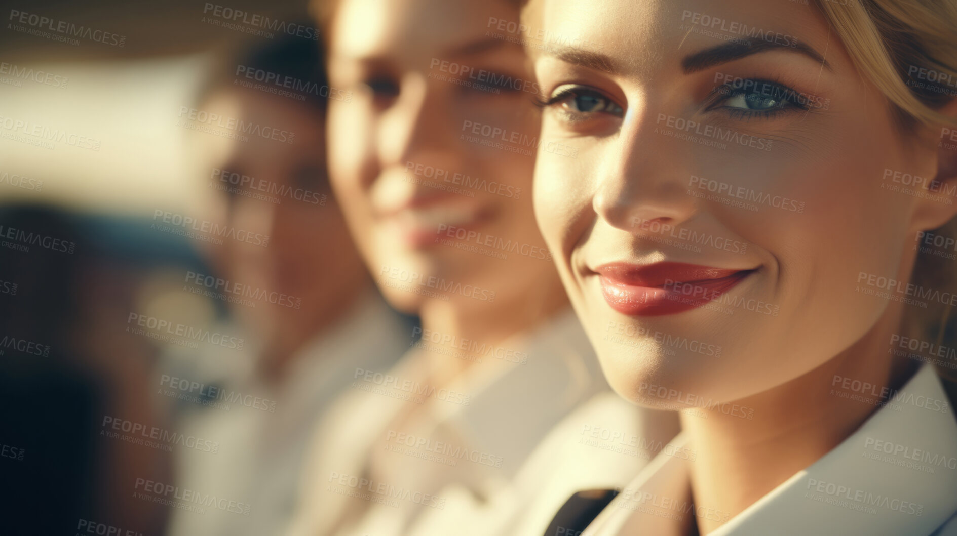 Buy stock photo Group of smiling stewardess cabin crew. Friendly service travel concept