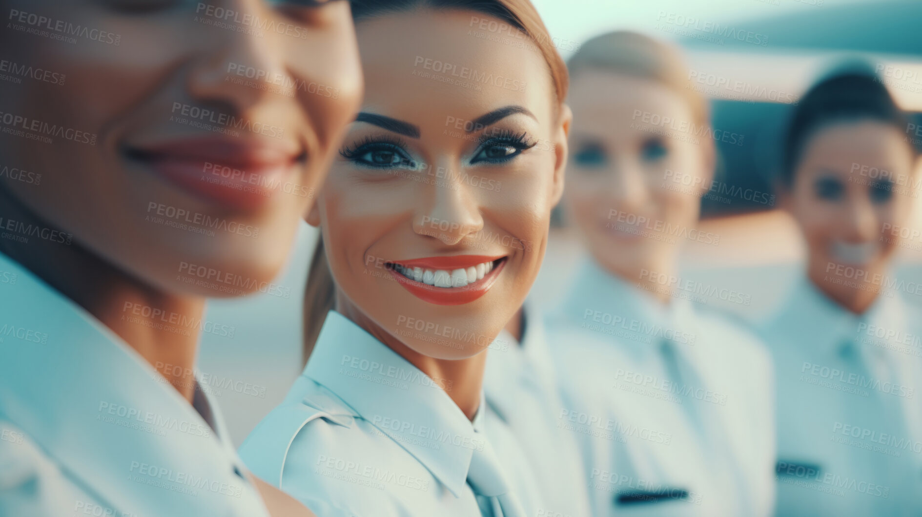 Buy stock photo Group of smiling stewardess cabin crew. Friendly service travel concept