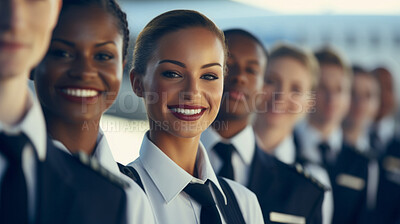 Group of smiling stewardess cabin crew. Friendly service travel concept