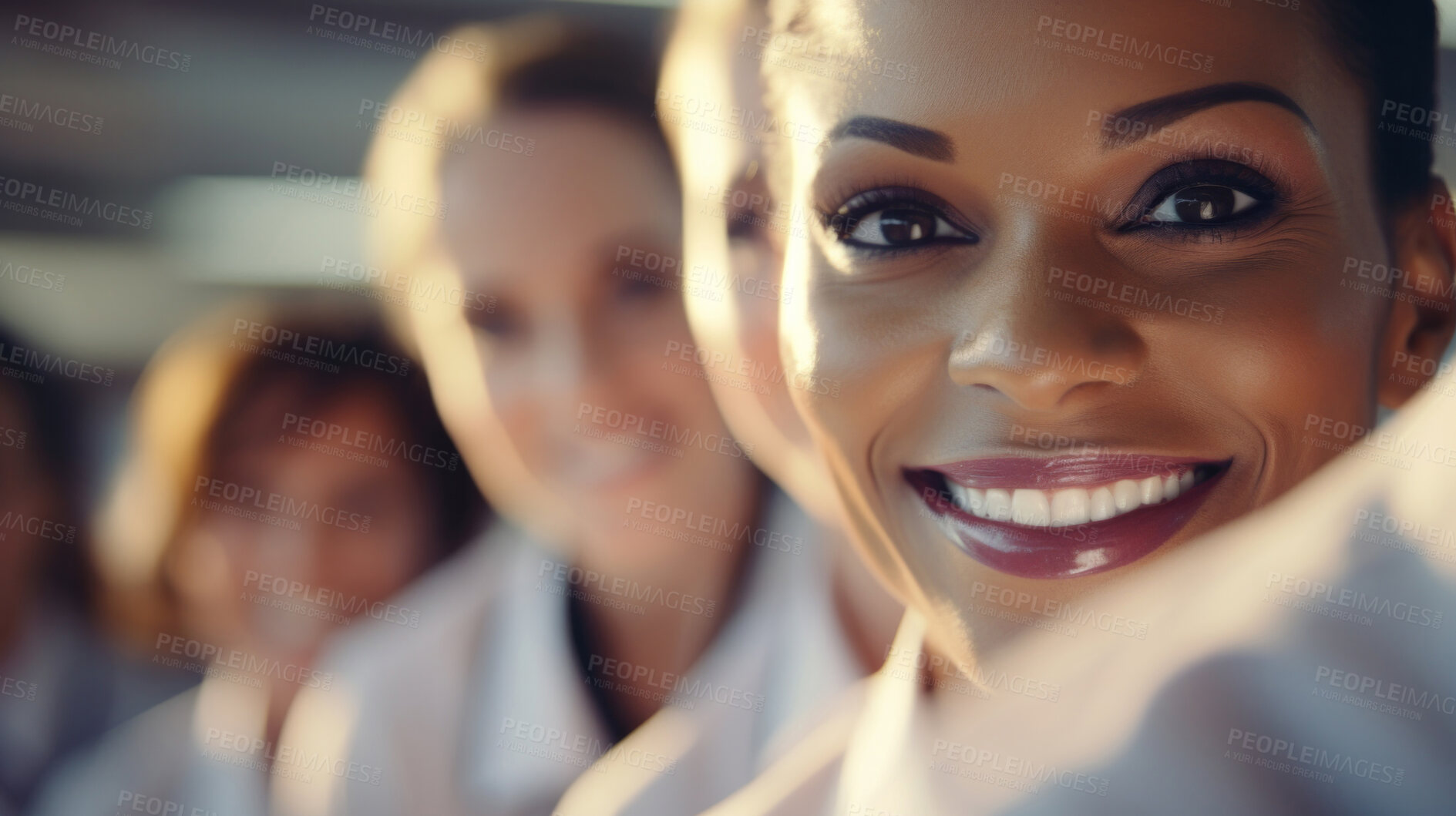 Buy stock photo Group of smiling stewardess cabin crew. Friendly service travel concept