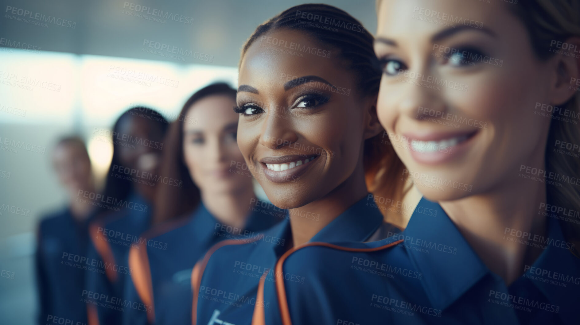 Buy stock photo Group of smiling stewardess cabin crew. Friendly service travel concept