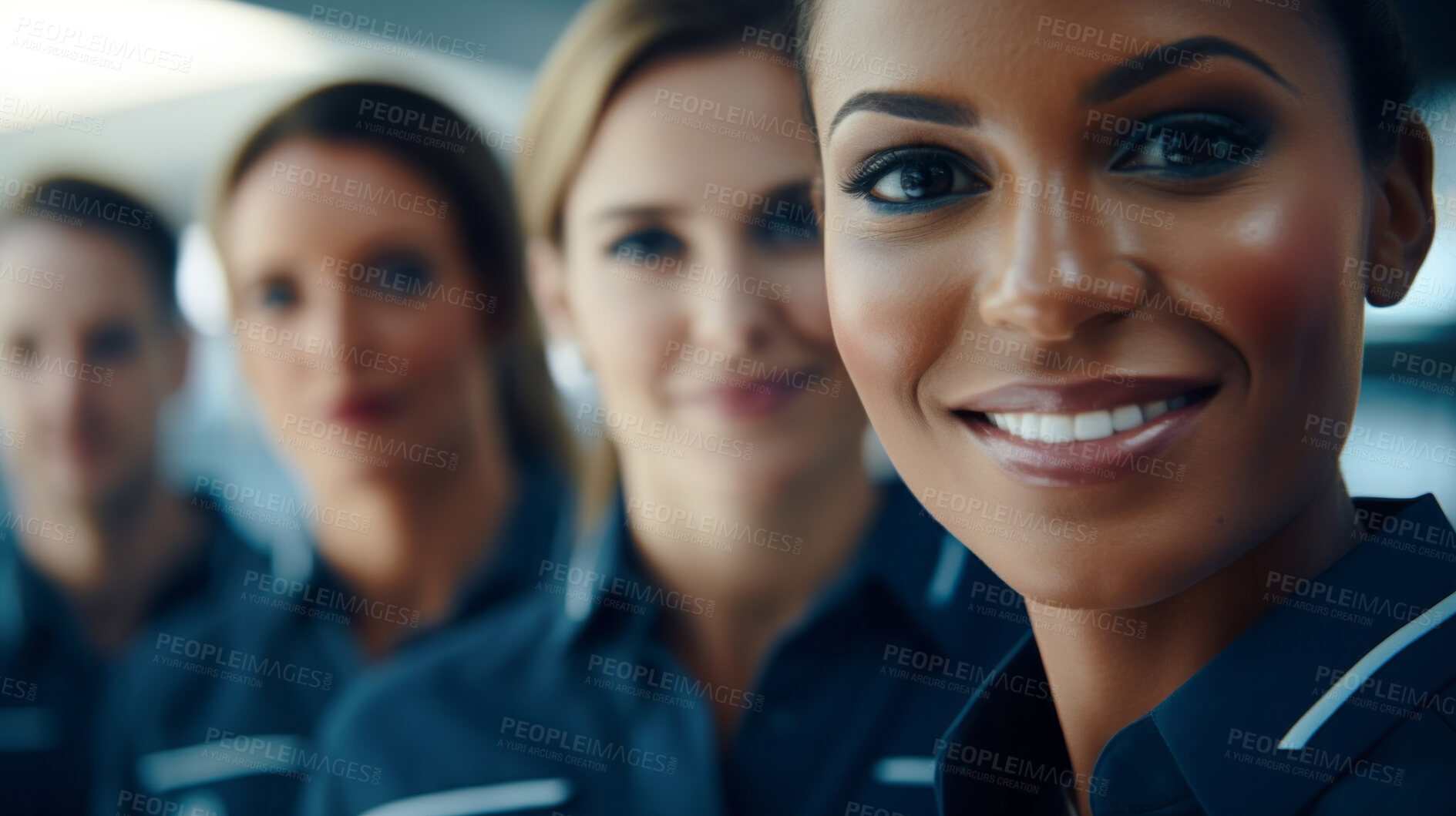 Buy stock photo Group of smiling stewardess cabin crew. Friendly service travel concept