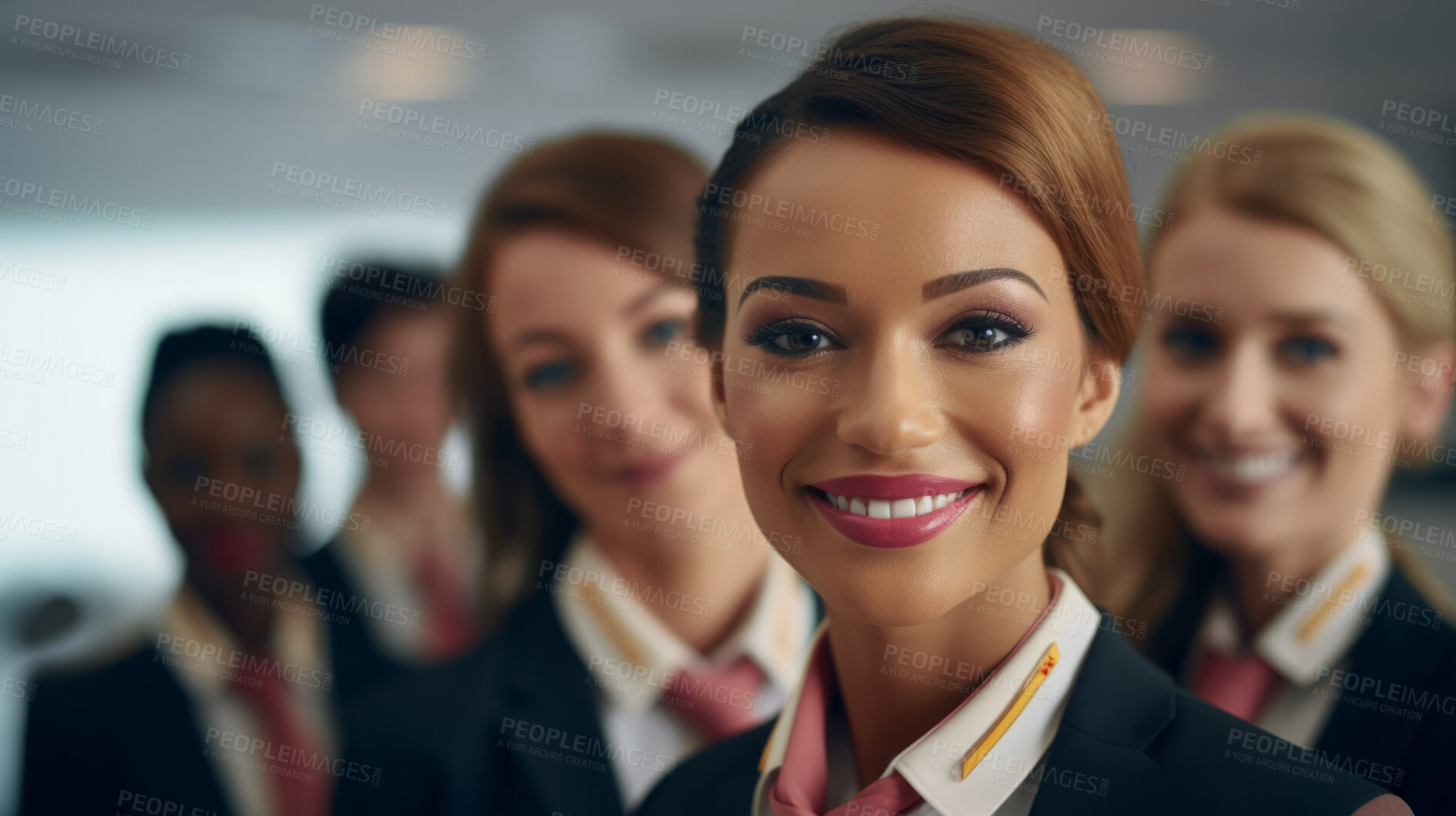 Buy stock photo Group of smiling stewardess cabin crew. Friendly service travel concept