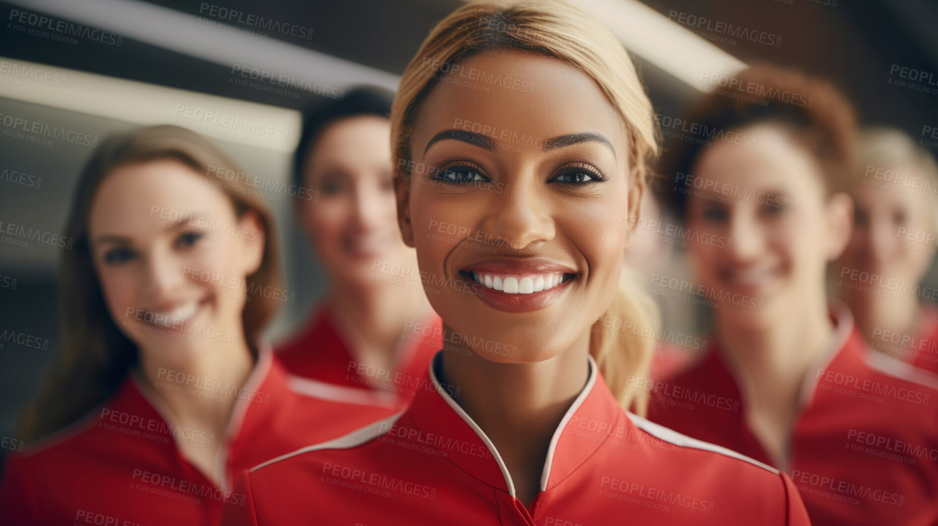 Buy stock photo Group of smiling stewardess cabin crew. Friendly service travel concept